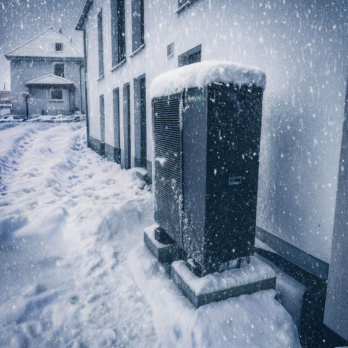 Eine große schwarze Wärmepumpe steht im Schnee neben einem modernen weißen Haus